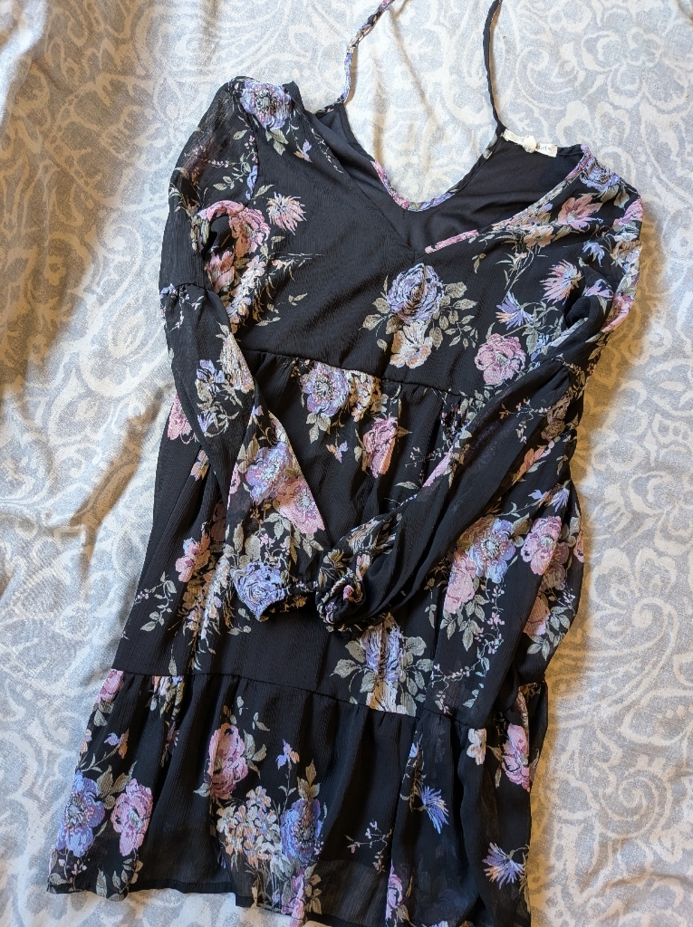 Black Floral Tiered Mini Dress with Pink & Lavender Blooms